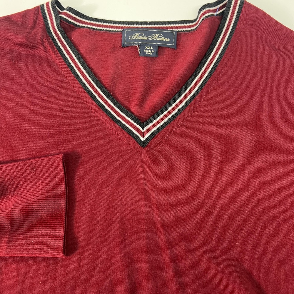 Brooks Brothers Sweater Mens 2XL Red Wool V‎ Neck Pullover Made In Italy Knit